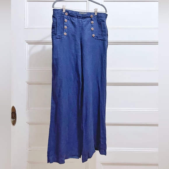 Daughters of the Liberation Blue Wide-Leg 100% Linen Trousers w/ Sailor Buttons - Picture 1 of 8